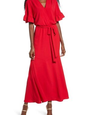 Fraiche By J Red Ruffle Sleeve Faux Wrap Maxi Dress with Tie Waist — NEVER WORN